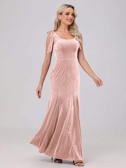 Sheath Square Neck with Bowknot Straps Velvet Bridesmaid Dresses