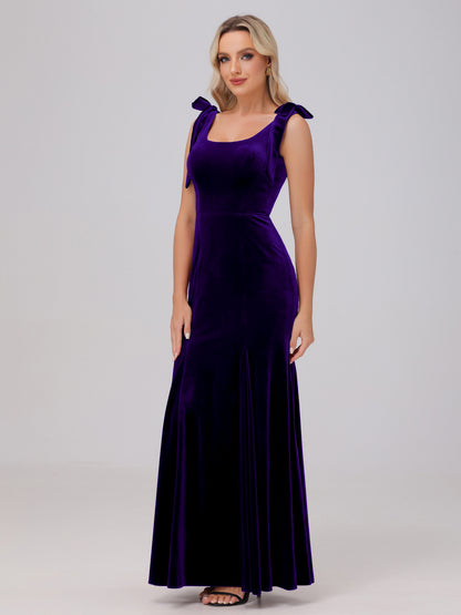 Sheath Square Neck with Bowknot Straps Velvet Bridesmaid Dresses