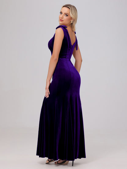 Sheath Square Neck with Bowknot Straps Velvet Bridesmaid Dresses