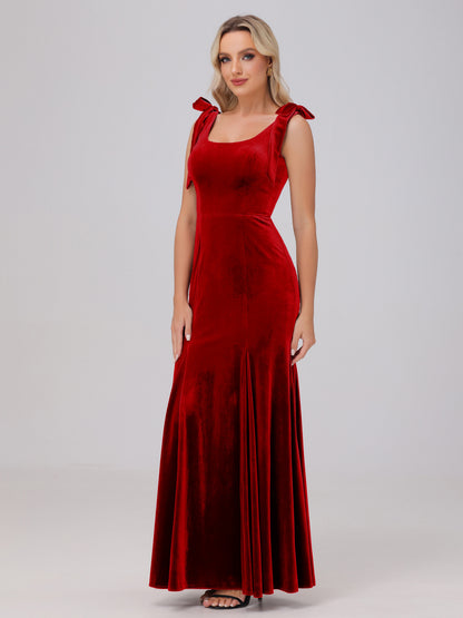 Sheath Square Neck with Bowknot Straps Velvet Bridesmaid Dresses