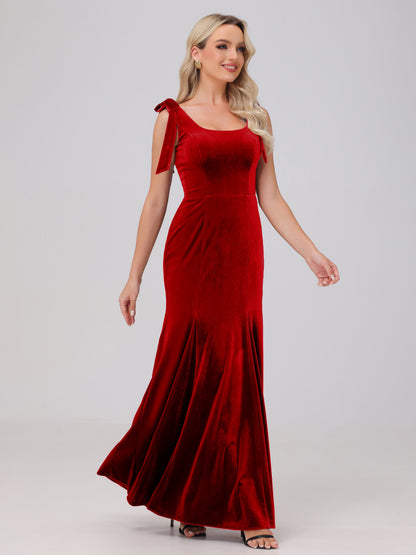 Sheath Square Neck with Bowknot Straps Velvet Bridesmaid Dresses