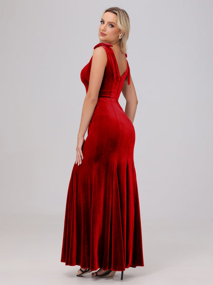 Sheath Square Neck with Bowknot Straps Velvet Bridesmaid Dresses