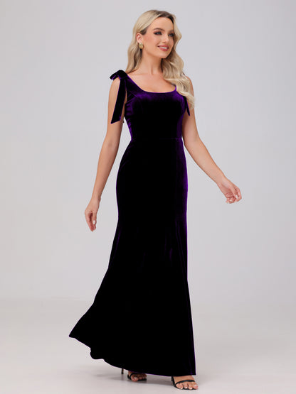 Sheath Square Neck with Bowknot Straps Velvet Bridesmaid Dresses