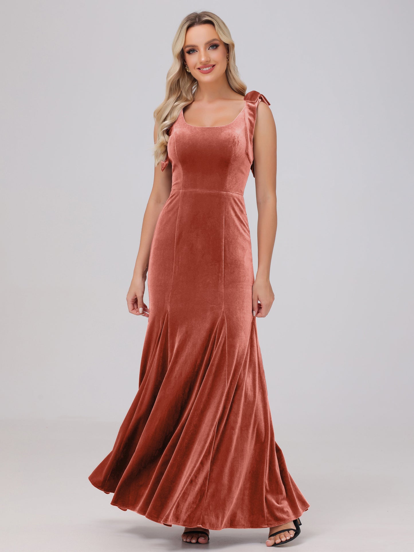 Sheath Square Neck with Bowknot Straps Velvet Bridesmaid Dresses