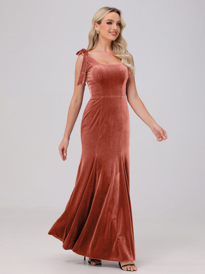 Sheath Square Neck with Bowknot Straps Velvet Bridesmaid Dresses