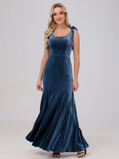 Sheath Square Neck with Bowknot Straps Velvet Bridesmaid Dresses
