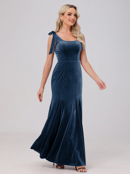 Sheath Square Neck with Bowknot Straps Velvet Bridesmaid Dresses