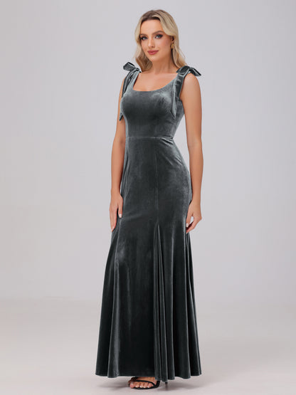 Sheath Square Neck with Bowknot Straps Velvet Bridesmaid Dresses