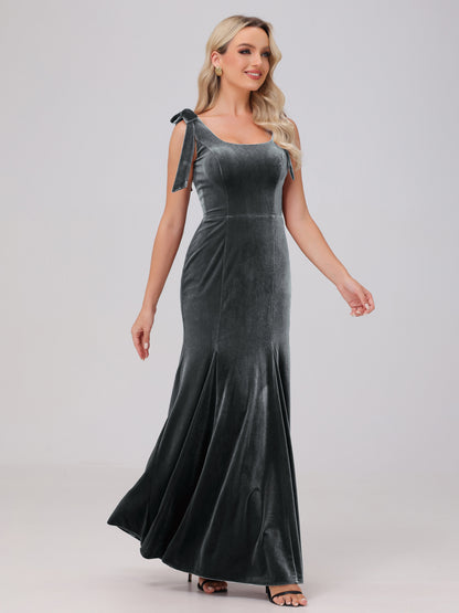 Sheath Square Neck with Bowknot Straps Velvet Bridesmaid Dresses