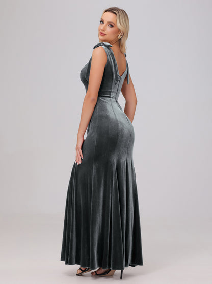Sheath Square Neck with Bowknot Straps Velvet Bridesmaid Dresses