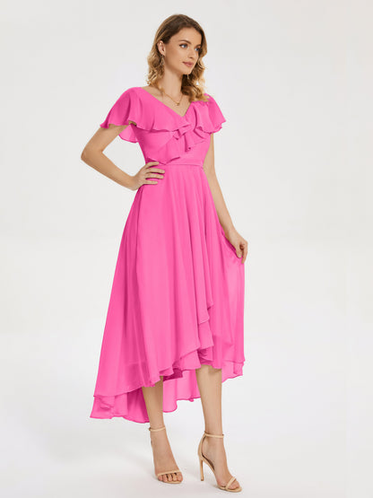 Gabriela Short Sleeves High Low Bridesmaid Dress with Pockets