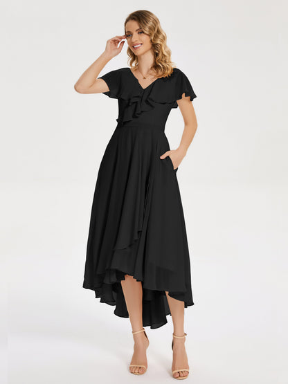 Gabriela Short Sleeves High Low Bridesmaid Dress with Pockets