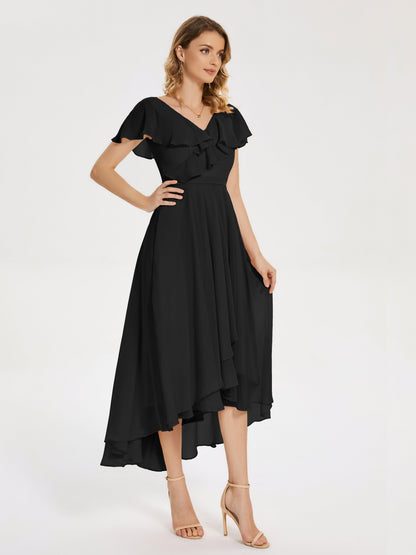 Gabriela Short Sleeves High Low Bridesmaid Dress with Pockets