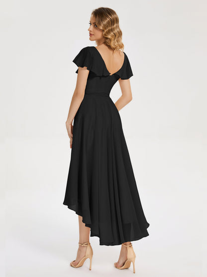 Gabriela Short Sleeves High Low Bridesmaid Dress with Pockets