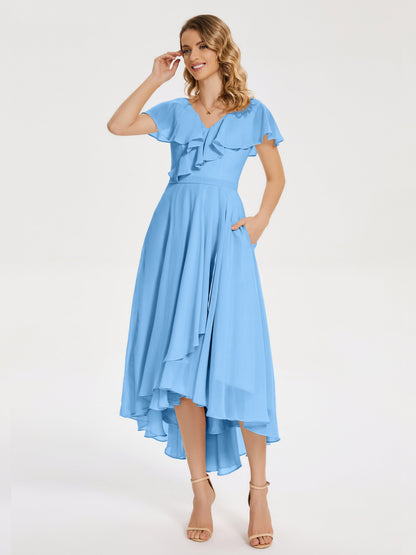 Gabriela Short Sleeves High Low Bridesmaid Dress with Pockets