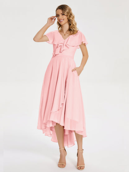 Gabriela Short Sleeves High Low Bridesmaid Dress with Pockets