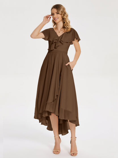 Gabriela Short Sleeves High Low Bridesmaid Dress with Pockets