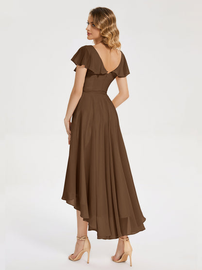 Gabriela Short Sleeves High Low Bridesmaid Dress with Pockets