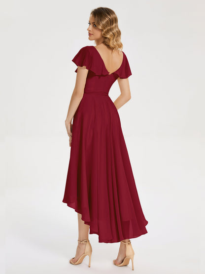 Gabriela Short Sleeves High Low Bridesmaid Dress with Pockets