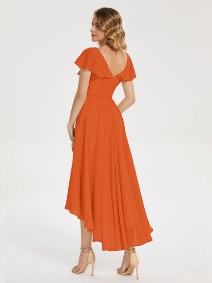 Gabriela Short Sleeves High Low Bridesmaid Dress with Pockets