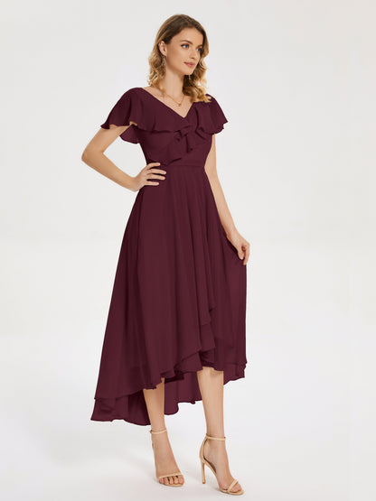 Gabriela Short Sleeves High Low Bridesmaid Dress with Pockets