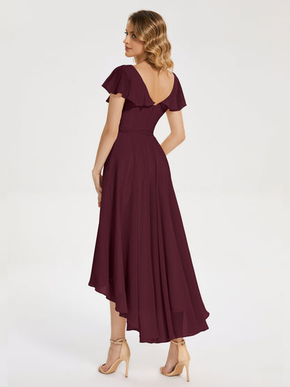 Gabriela Short Sleeves High Low Bridesmaid Dress with Pockets