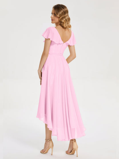 Gabriela Short Sleeves High Low Bridesmaid Dress with Pockets