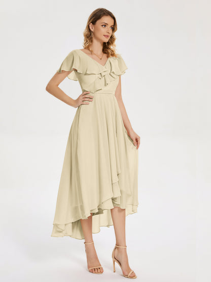 Gabriela Short Sleeves High Low Bridesmaid Dress with Pockets