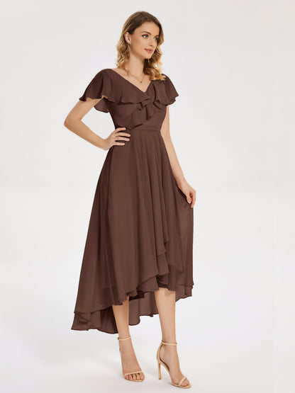 Gabriela Short Sleeves High Low Bridesmaid Dress with Pockets