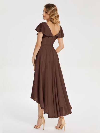 Gabriela Short Sleeves High Low Bridesmaid Dress with Pockets
