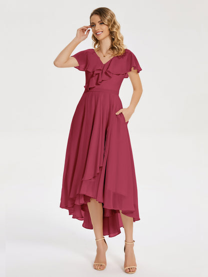 Gabriela Short Sleeves High Low Bridesmaid Dress with Pockets