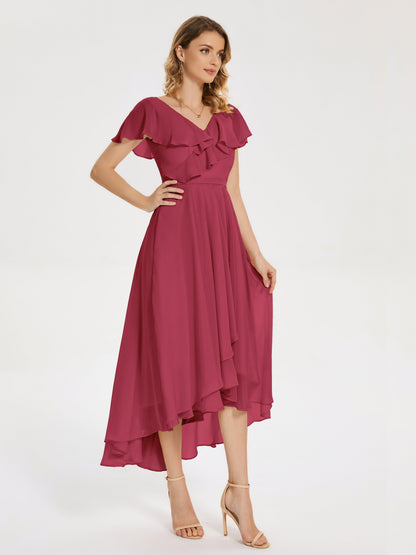 Gabriela Short Sleeves High Low Bridesmaid Dress with Pockets
