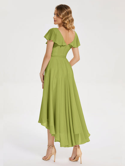 Gabriela Short Sleeves High Low Bridesmaid Dress with Pockets