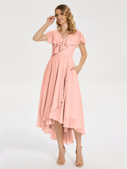 Gabriela Short Sleeves High Low Bridesmaid Dress with Pockets