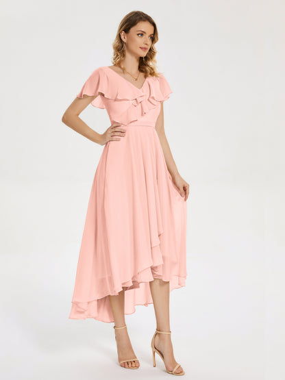 Gabriela Short Sleeves High Low Bridesmaid Dress with Pockets