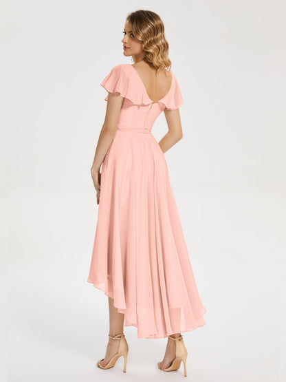 Gabriela Short Sleeves High Low Bridesmaid Dress with Pockets