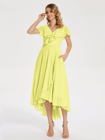 Gabriela Short Sleeves High Low Bridesmaid Dress with Pockets