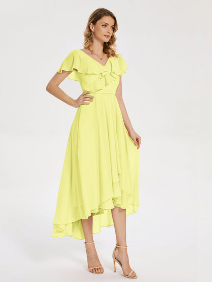 Gabriela Short Sleeves High Low Bridesmaid Dress with Pockets