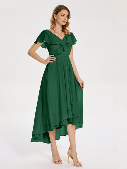 Gabriela Short Sleeves High Low Bridesmaid Dress with Pockets