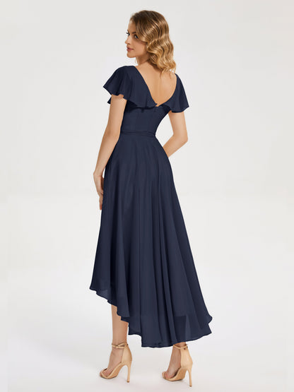 Gabriela Short Sleeves High Low Bridesmaid Dress with Pockets