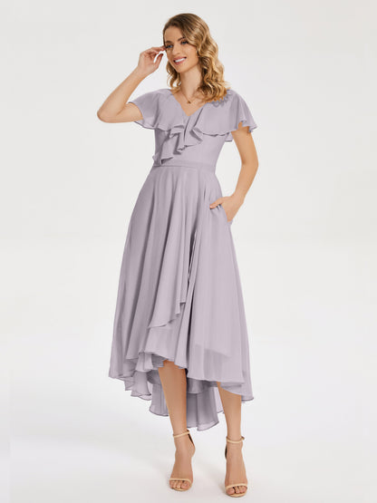 Gabriela Short Sleeves High Low Bridesmaid Dress with Pockets