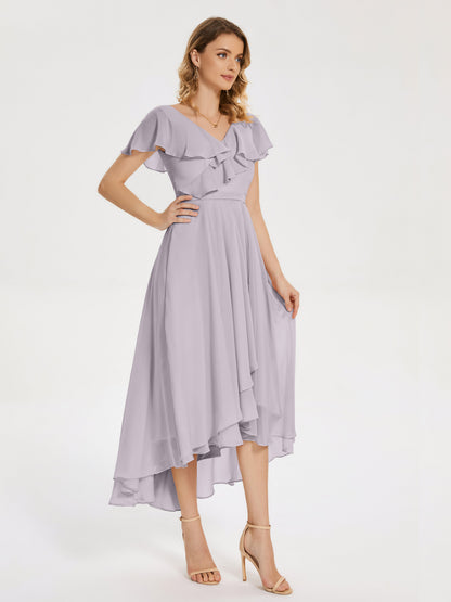 Gabriela Short Sleeves High Low Bridesmaid Dress with Pockets