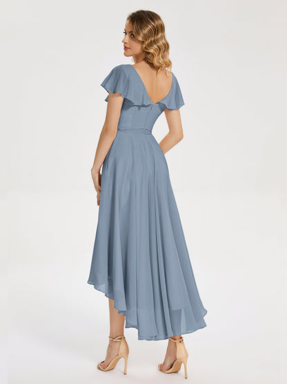 Gabriela Short Sleeves High Low Bridesmaid Dress with Pockets