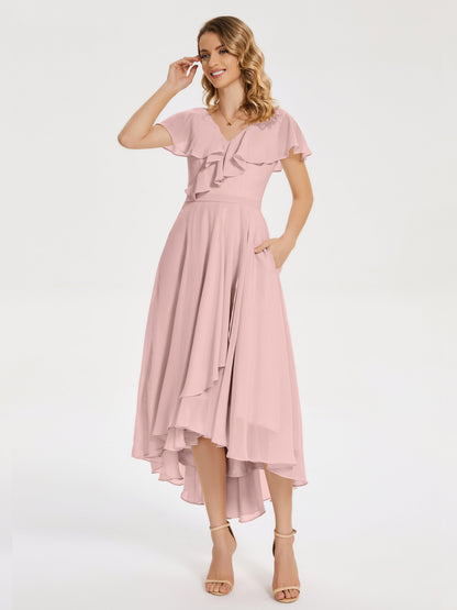 Gabriela Short Sleeves High Low Bridesmaid Dress with Pockets