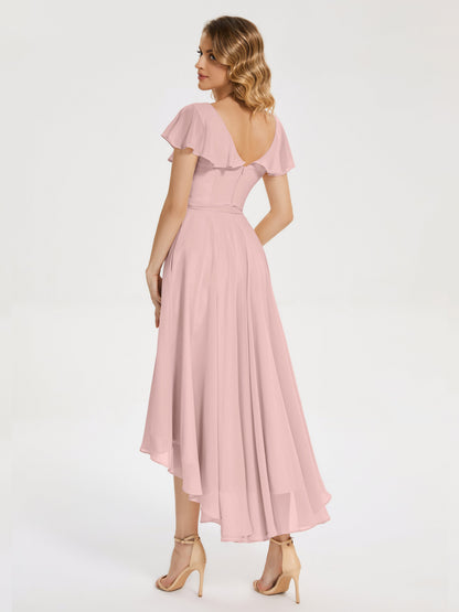 Gabriela Short Sleeves High Low Bridesmaid Dress with Pockets