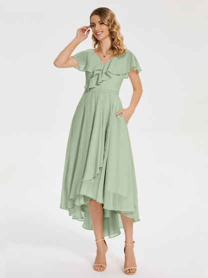 Gabriela Short Sleeves High Low Bridesmaid Dress with Pockets