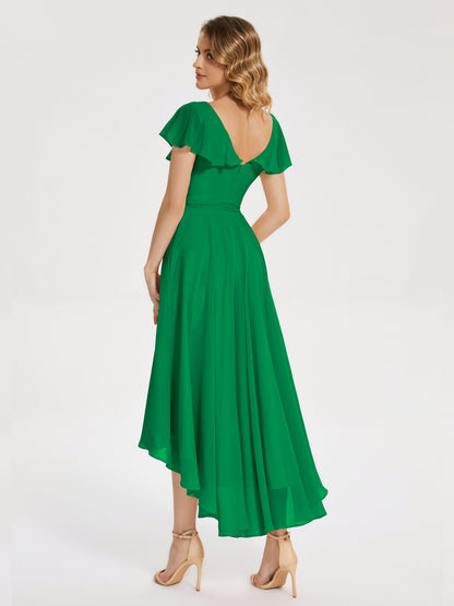 Gabriela Short Sleeves High Low Bridesmaid Dress with Pockets