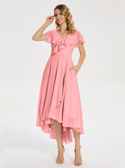 Gabriela Short Sleeves High Low Bridesmaid Dress with Pockets