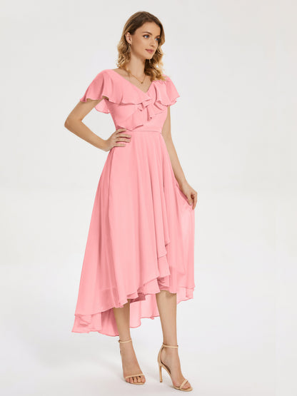 Gabriela Short Sleeves High Low Bridesmaid Dress with Pockets