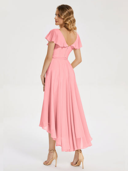 Gabriela Short Sleeves High Low Bridesmaid Dress with Pockets